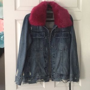 NWT distressed denim jacket with fuscia faux fur